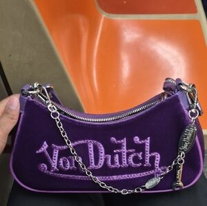 Von Dutch Purple Velvet Mini Shoulder Bag with Silver Chain